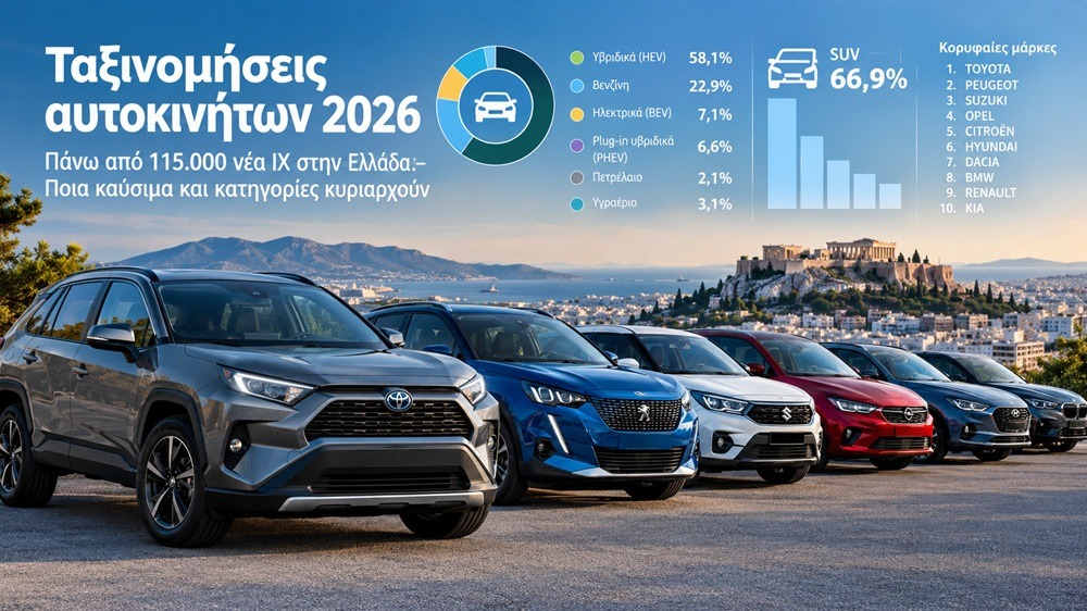 Ταξινομήσεις αυτοκινήτων 2026: Πρωτιά για τα υβριδικά και τα SUV στην Ελλάδα – Οι κορυφαίες μάρκες